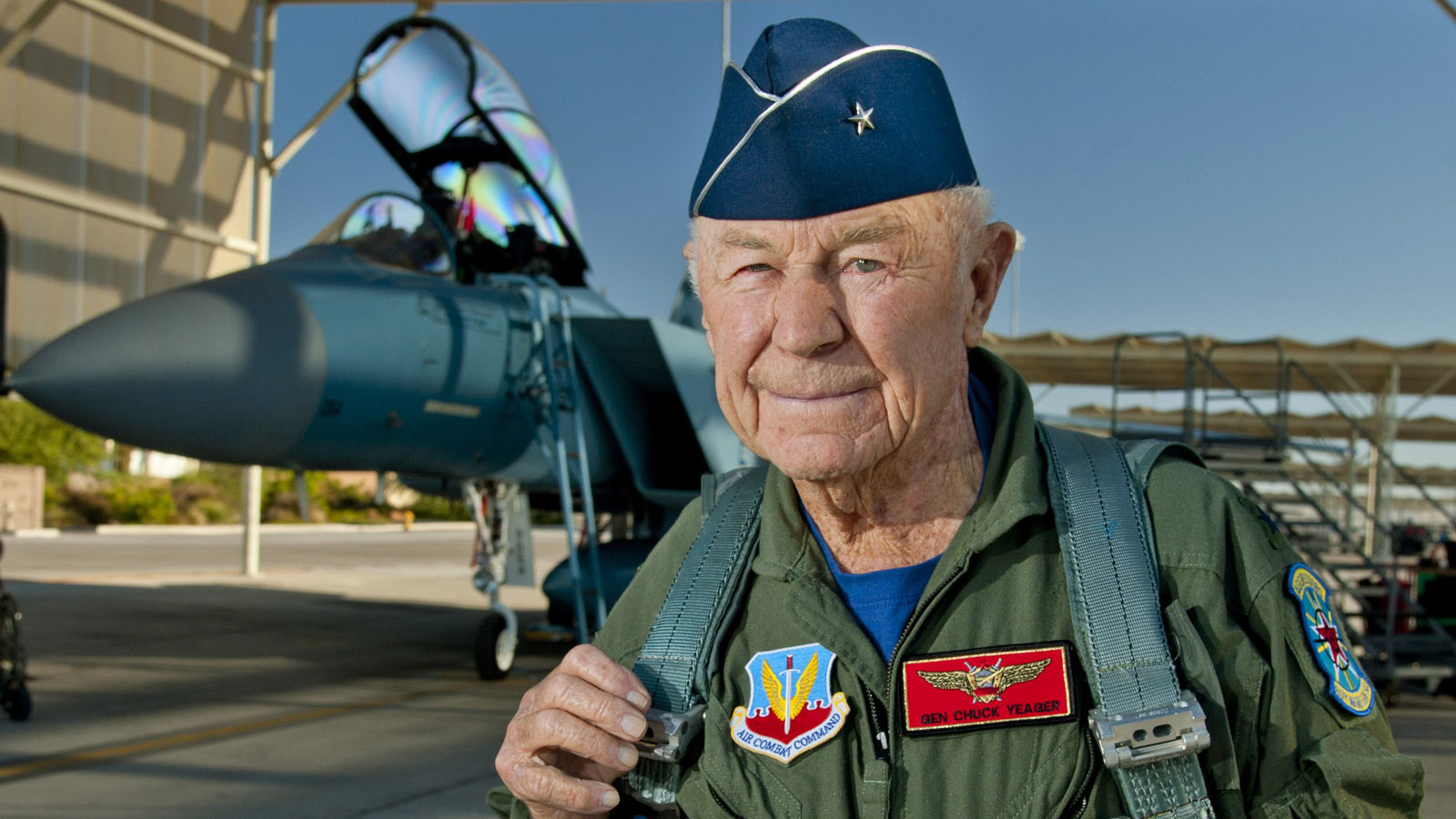 Yeager in 2012, in front of a new Glamorous Glennis III F-15D Eagle