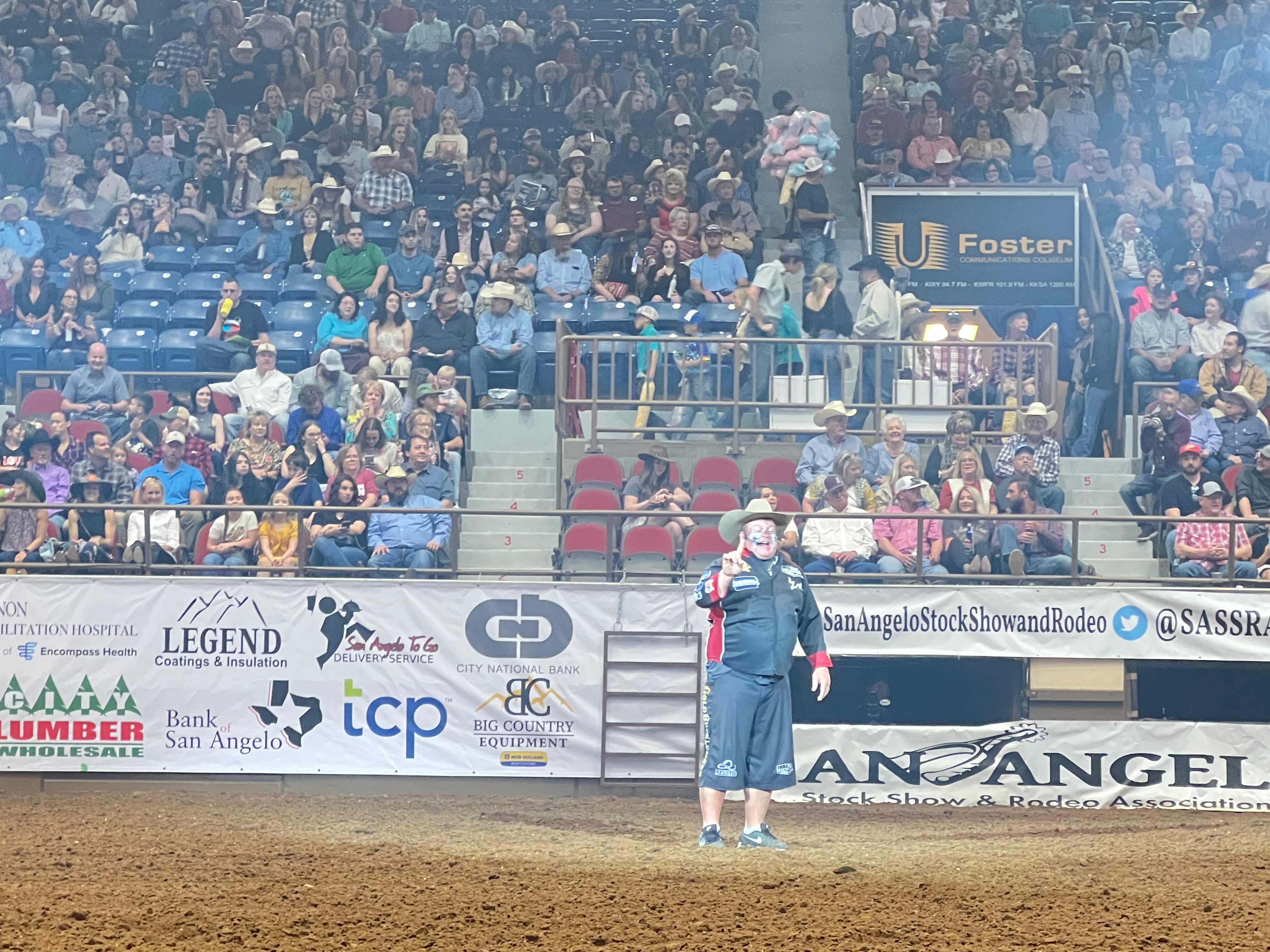 Barrelman Justin Rumford at the 90th Annual San Angelo Rodeo on April 1, 2022