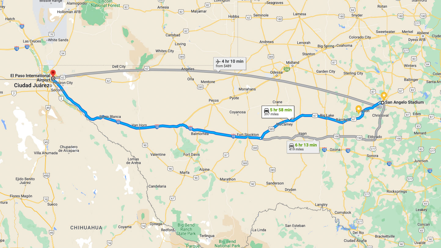 The Google map from San Angelo Stadium to Trooper Stadium in El Paso
