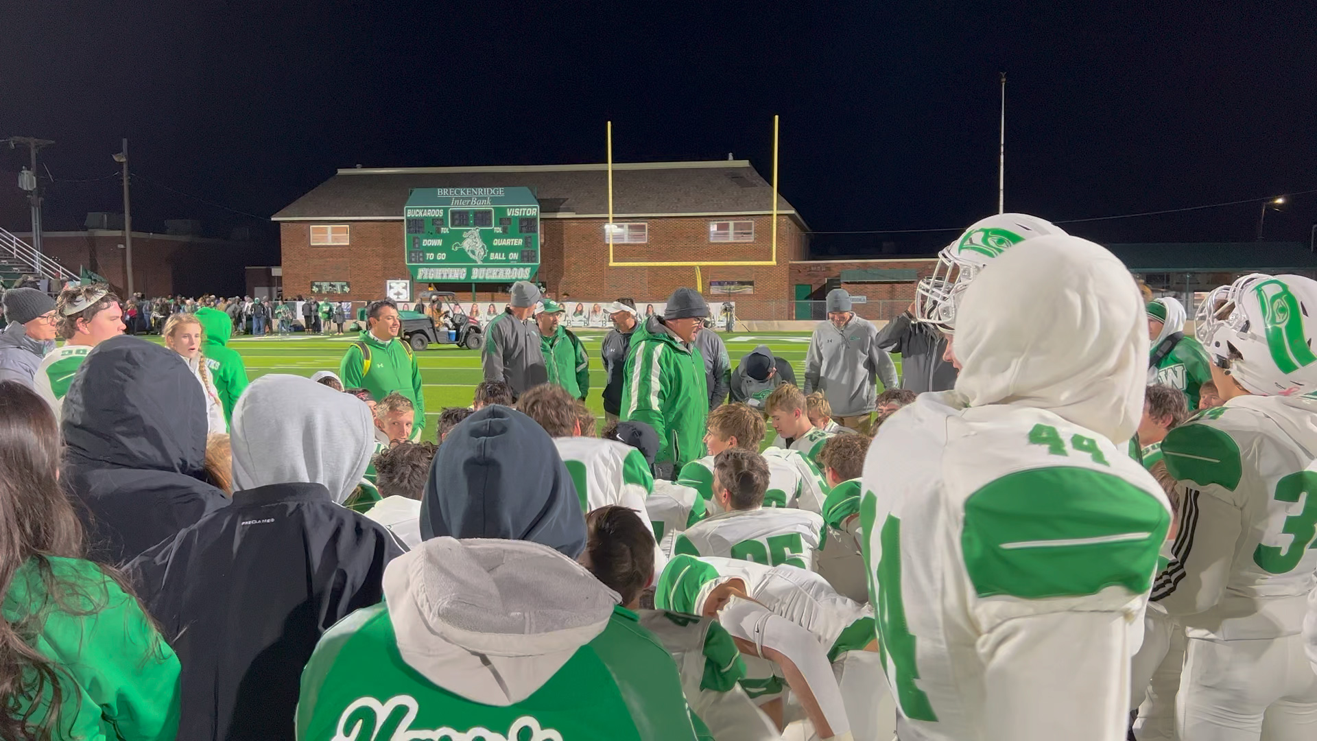 Head Coach Houston Guy congratulates his team after a 44-10 victory over Childress in the 2nd round of the 2022 playoffs.