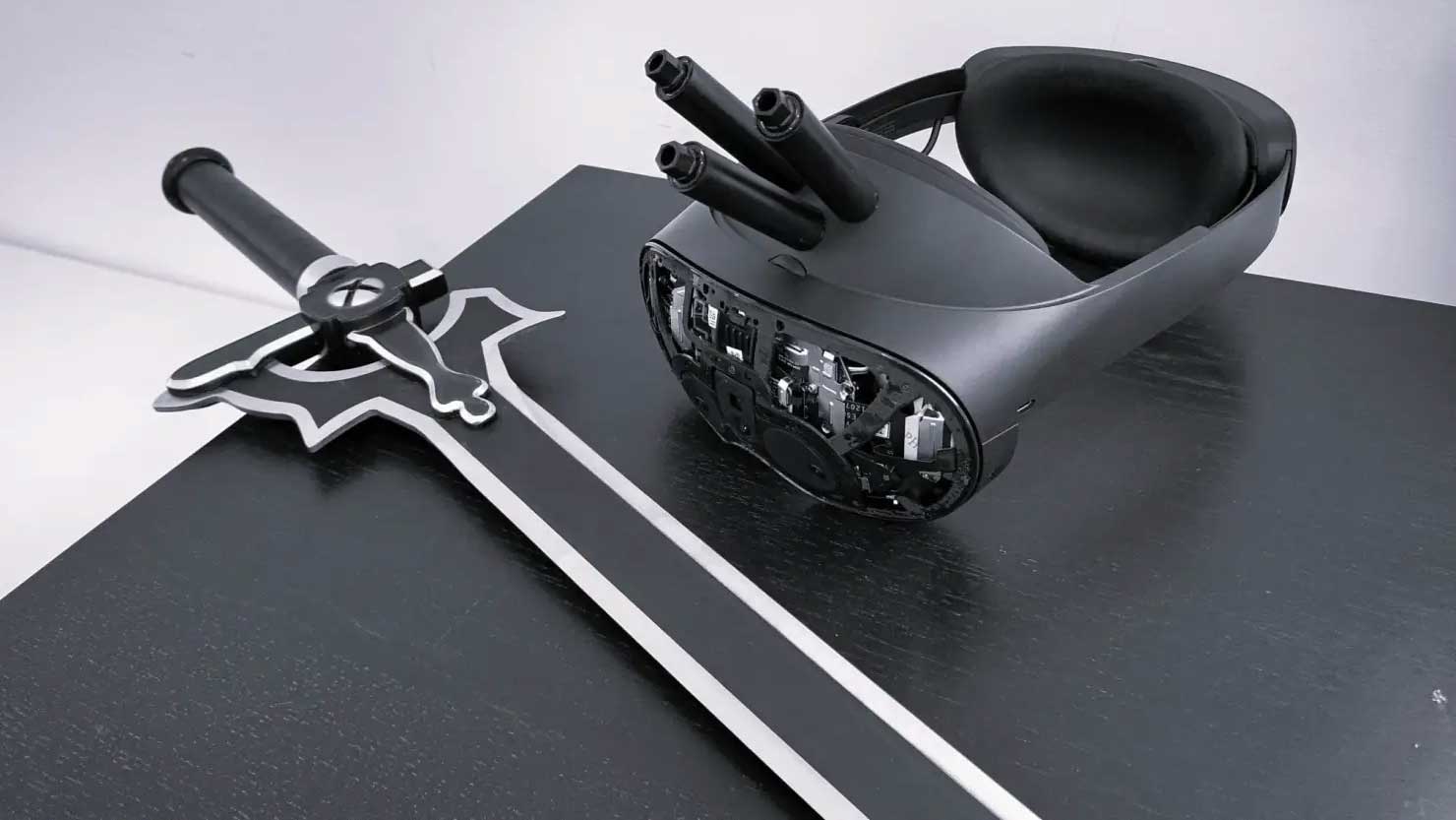 Oculus Rift VR setup called NerveGear, which allows the user to play a game in virtual reality.