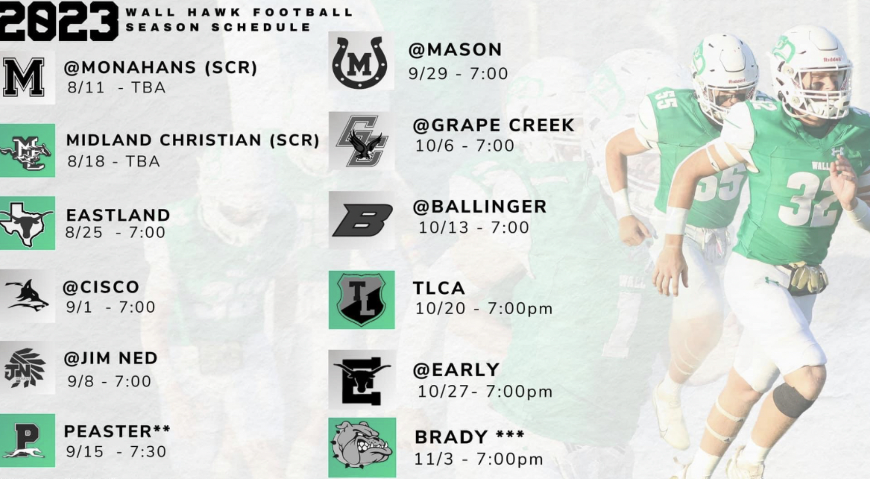 2023 Wall Hawk Football Schedule