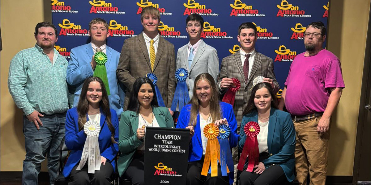 The Angelo State University Wool Judging Team celebrates its first-place finish at the 2025 San Antonio Stock Show and Rodeo Collegiate Wool Judging Contest. ASU’s Blue Team secured the championship title, defeating teams from Texas A&amp;M and West Texas A&amp;M. Team members are pictured with their awards and coaches following the competition.