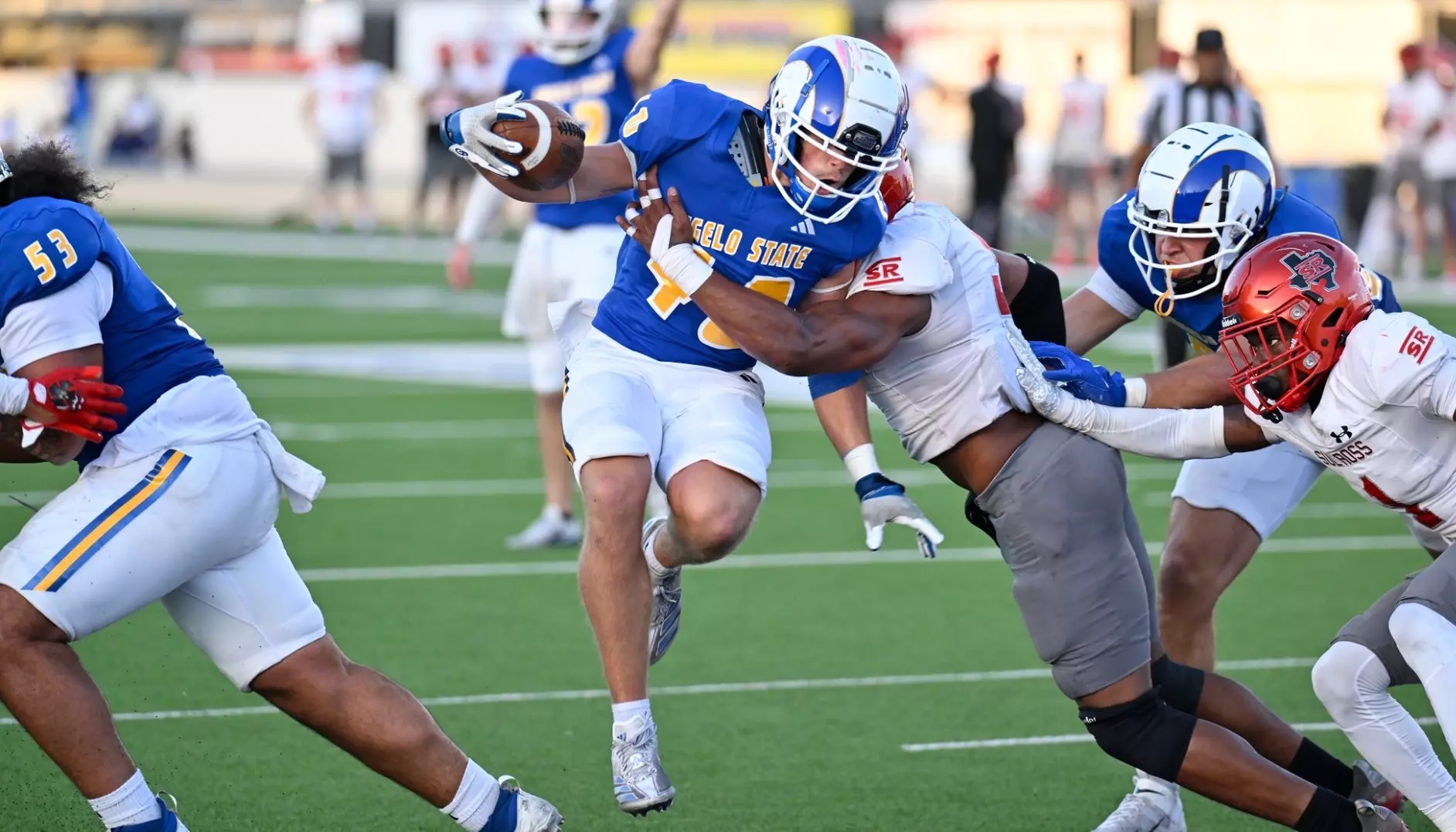 Angelo State running back Cameron Dischler battles for yardage against Sul Ross State in 2024.