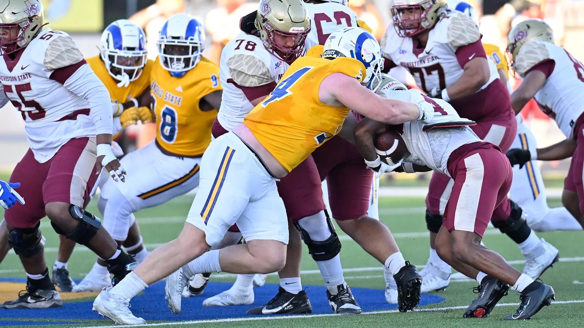Owen Seaver makes a tackle for Angelo State during the Rams' 48-28 win over Midwestern State on Saturday, Oct. 18, 2025.
