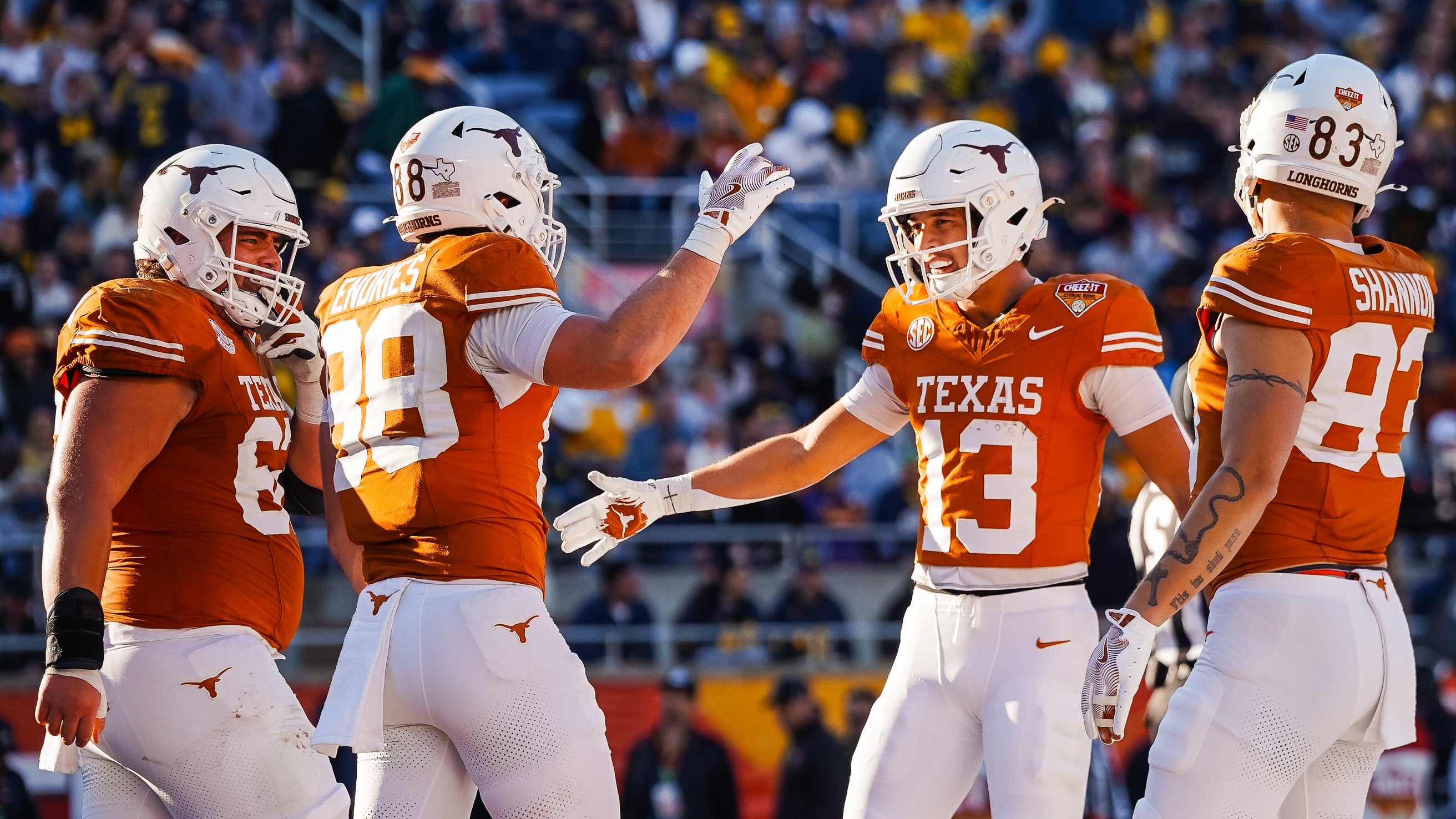 The Texas Longhorns celebrate during their Citrus Bowl win over Michigan on Wednesday, Dec. 31, 2025.