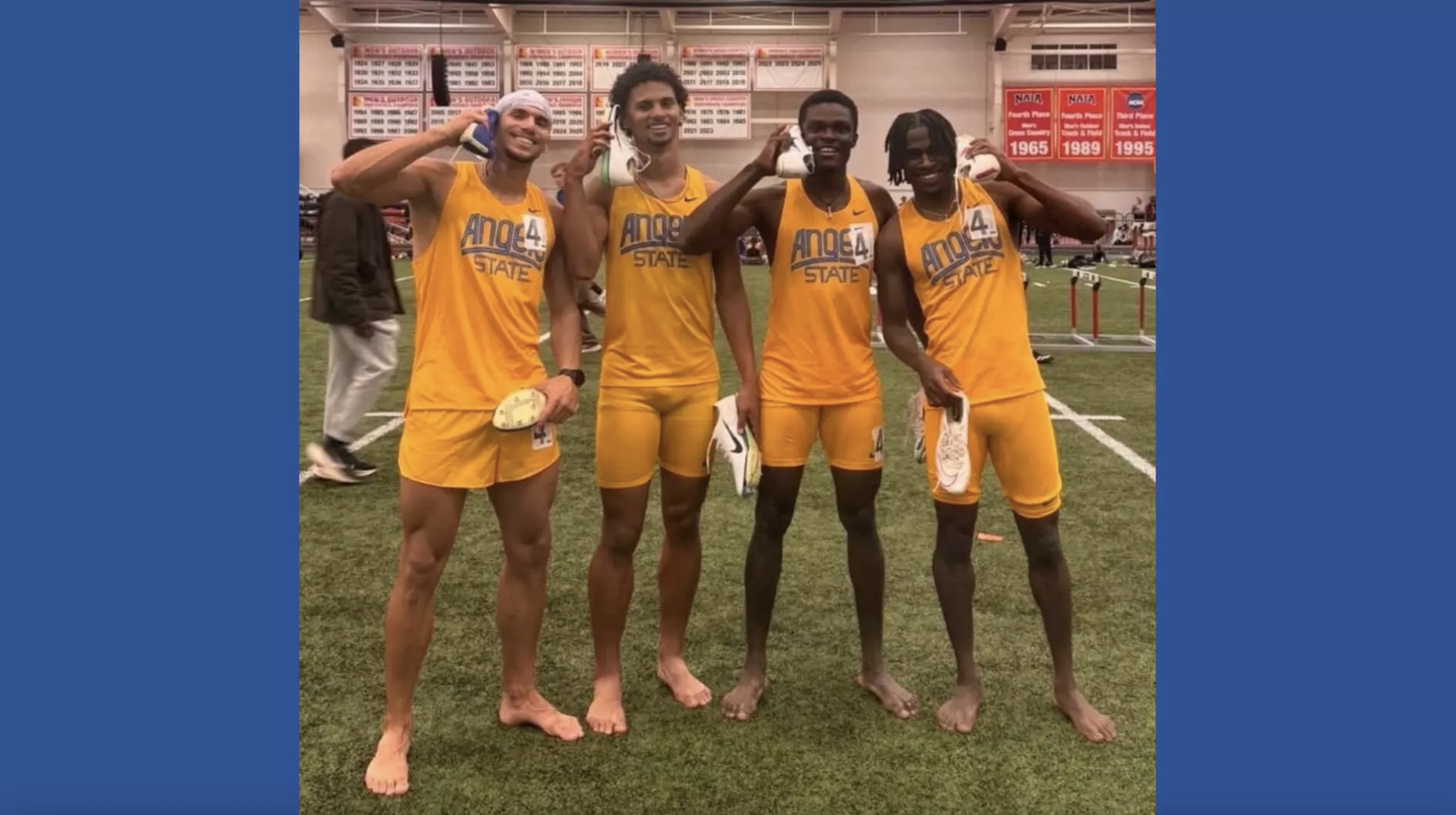 William Opare (second from right) poses with Rami Balti, Taylor Briggs, and Jahleel Armstrong after the 4x400 meter relay.