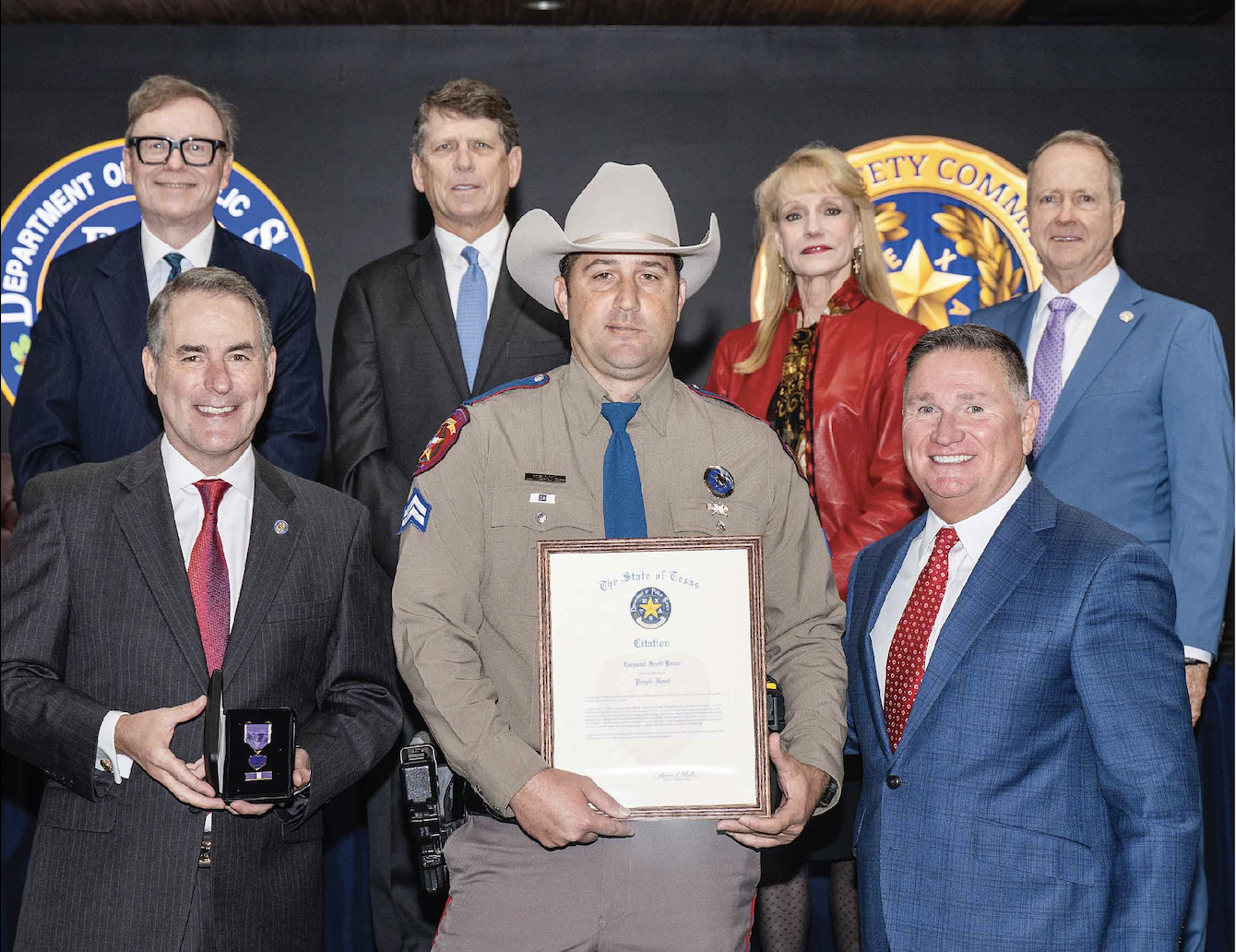Texas Highway Patrol officer Scott Keane from Big Lake was awarded the Department of Public Safety Purple Heart recently after he was injured assisting during a crash last year.
