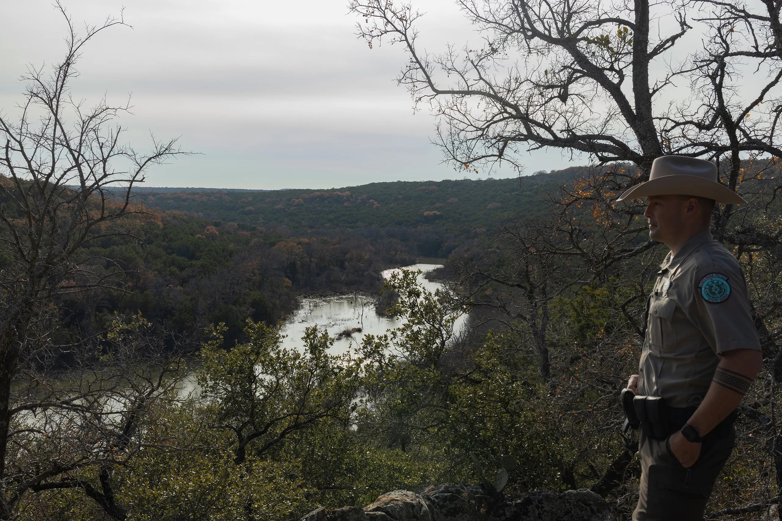 Park Superintendent James Adams looks out at Russell Creek, which feeds into Tucker Lake at Palo Pinto Mountains State Park near Strawn on Dec. 15, 2025. The park, expected to open in 2026, offered guided hikes on New Years Day to guests who made reservations.