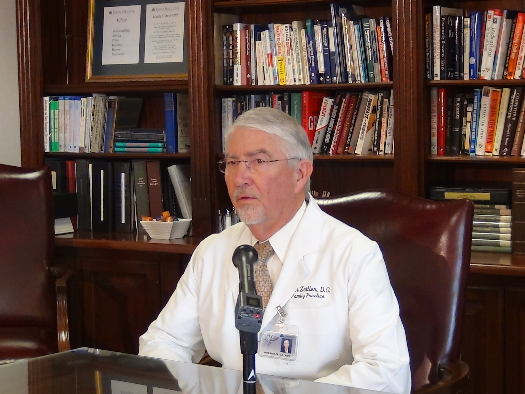 Dr. Irvin Zeitler gives a press conference on the dangers of flu (LIVE! photo by Cheyenne Benson)