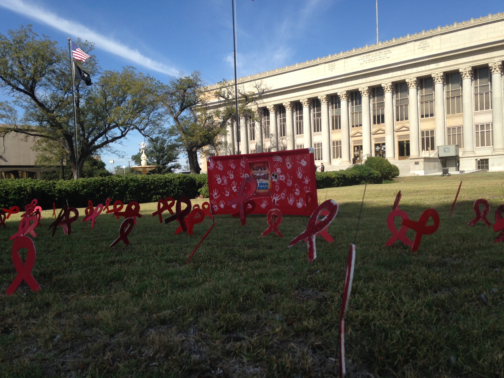 Red ribbons were planted on the courthouse lawn Monday to promote a drug-free San Angelo. (LIVE! Photo/Chelsea Reinhard)