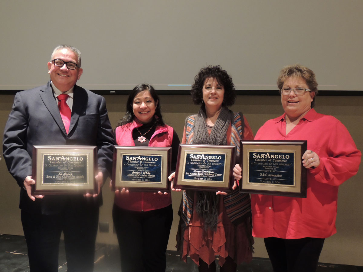 2014 Chamber Diversity Award winners (L-R): Ed Lopez, B&amp;GC; Girlyne White, Mama Nida's; Irma Contreras, San Angelo Early Childhood Center; Mary Ellen Gossett, G&amp;G Automotive. (contributed, San Angelo Chamber of Commerce)