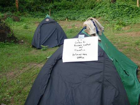CDC RITE team members would camp in rural communities for several days during their outbreak investigation. This picture shows their office in the field. (Photo/CDC)