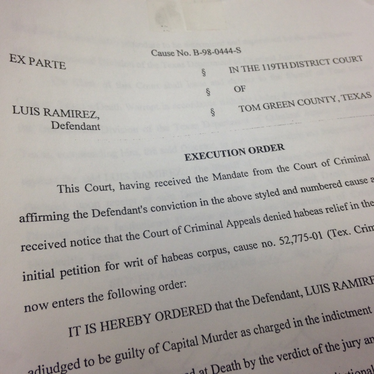 The execution order for Luis Ramirez, the last person from TGC to be given the death penalty. (LIVE! Photo/Chelsea Reinhard)