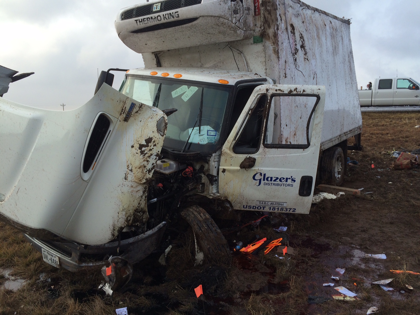 A Glazer's truck slid off the road near Sterling City. (LIVE! Photo/John Basquez)