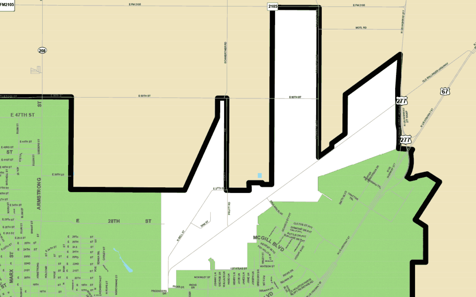 Closeup of the map focused on the white area, where the water in San Angelo is not safe to drink