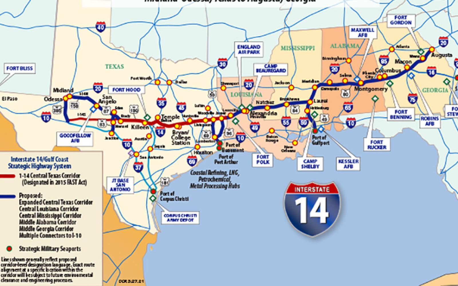 Interstate 14 routing through five U.S. states and it will route through San Angelo