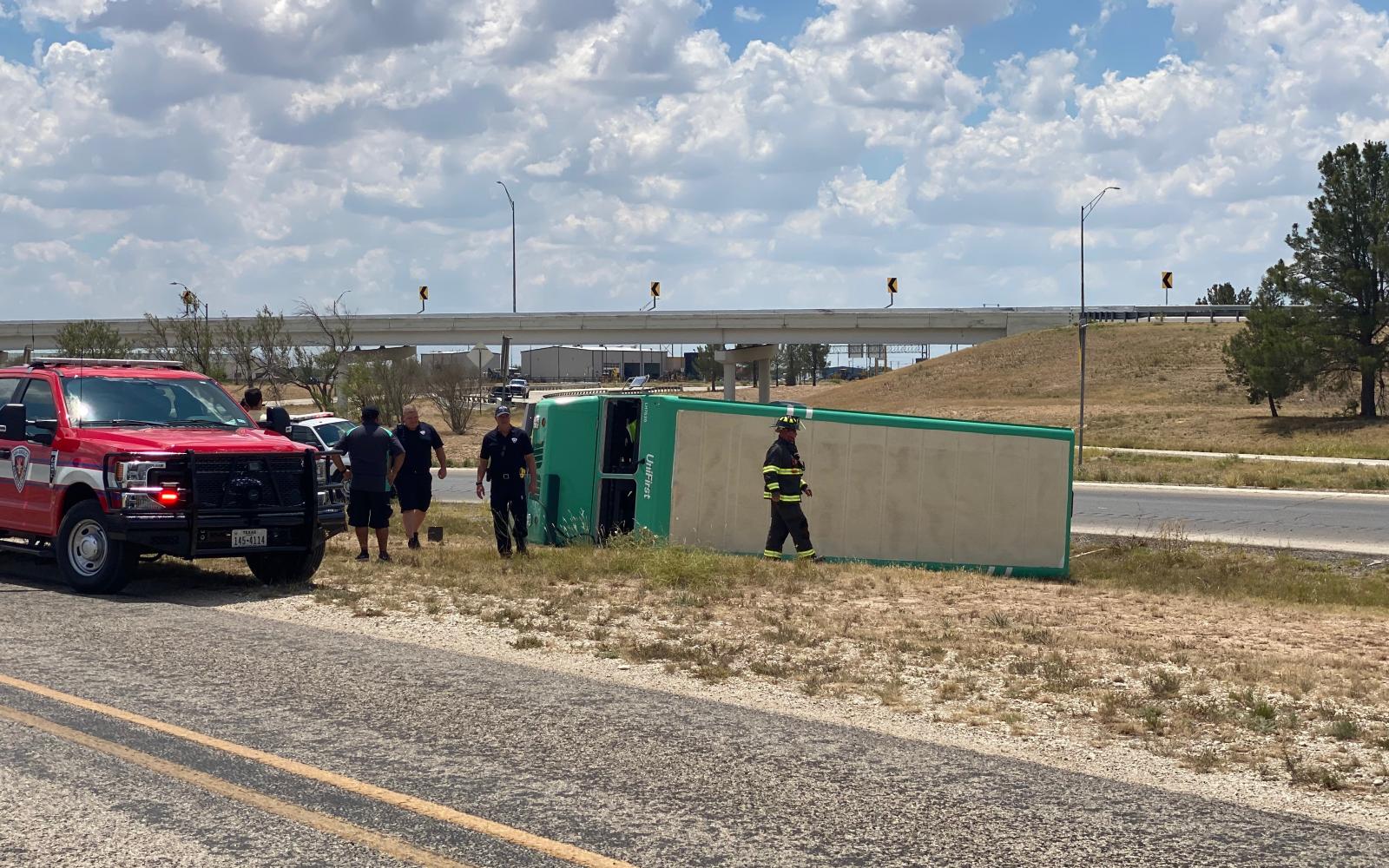 A Unifirst delivery truck capsized on the access road to Loop 306 near the Ben Ficklin Bridge on June 30, 2022