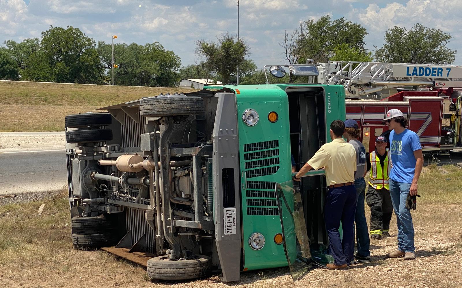 A Unifirst delivery truck capsized on the access road to Loop 306 near the Ben Ficklin Bridge on June 30, 2022