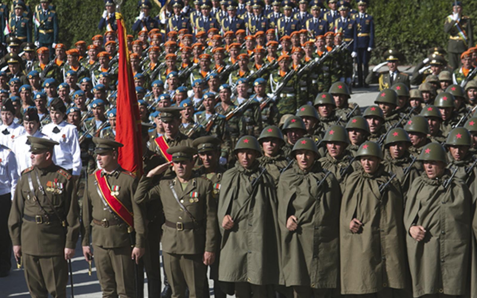 Servicemen of the 201st Russian Military Base stationed in the Republic of Tajikistan. The troops took part in the parade dedicated to the 72nd anniversary of the Victory in the Great Patriotic War, which took place in the center of Dushanbe.