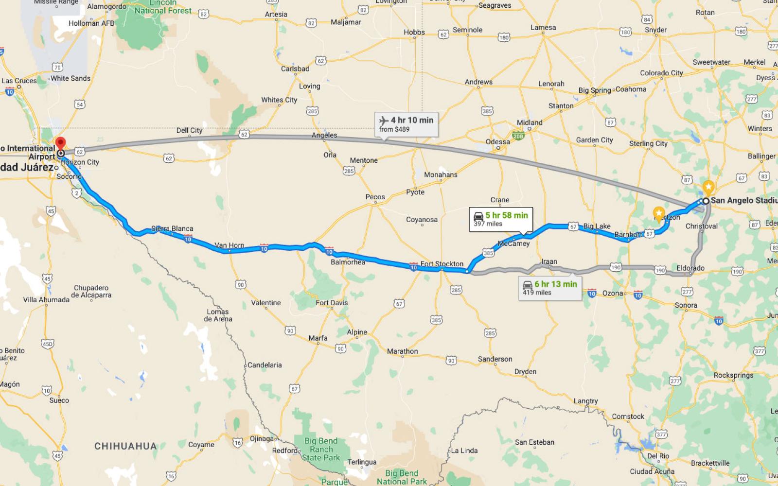 The Google map from San Angelo Stadium to Trooper Stadium in El Paso