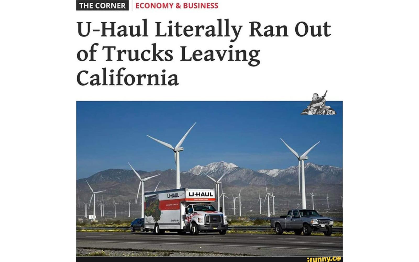 U-Haul ran out of trucks leaving California, according to this news clip.