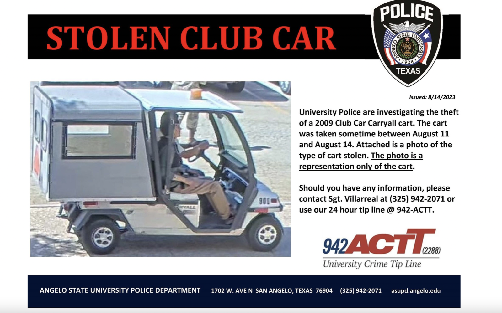 Stolen Club Car at Angelo State on Aug. 15, 2023