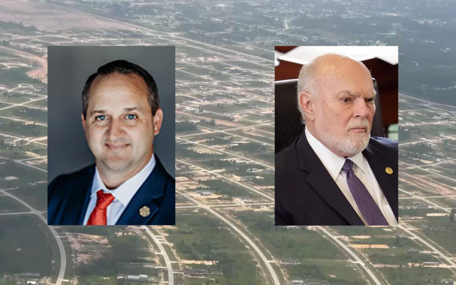 Left: State Rep. Rep. Ernest Bailes (HD 18) and State Sen. Robert Nichols (SD 3). Underlay is Colony Ridge from the air from a video on X by Todd Bensman.