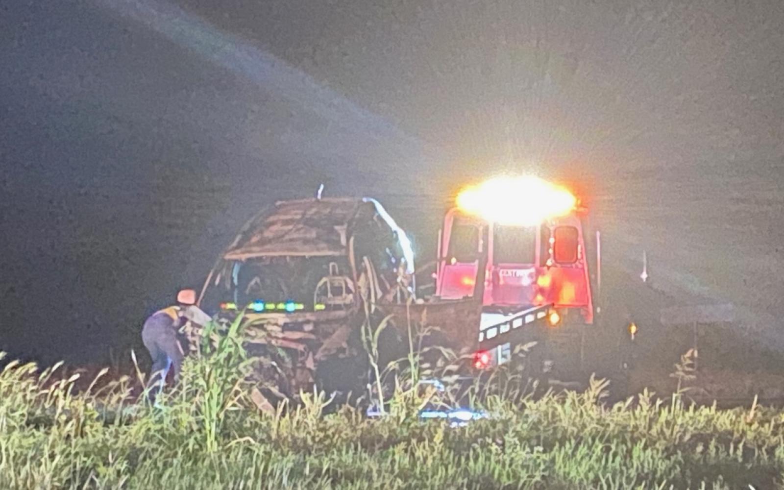 A vehicle, resembling a Chevrolet Equinox, was entirely engulfed in flames following a collision with a larger SUV on U.S. 87 S at the Hawk Ave. crossing on Oct. 1, 2023.