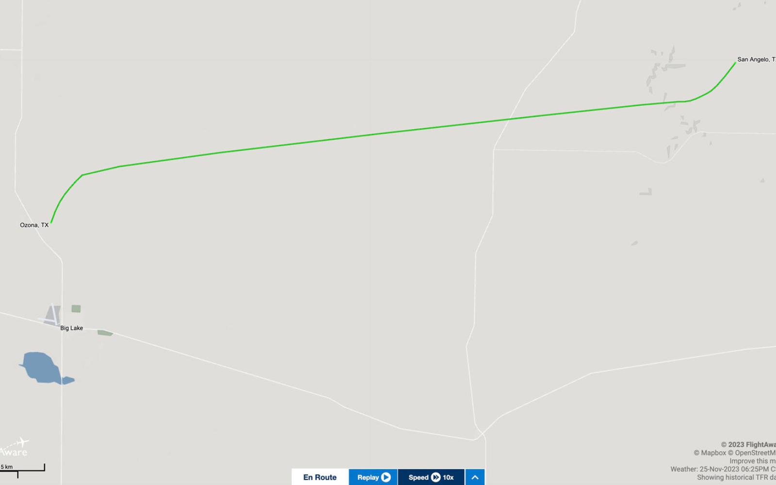 The ADSB flight path of Piper Cherokee N7763W, showing a probable takeoff from Reagan County and a flight path headed towards San Angelo's Mathis Field.