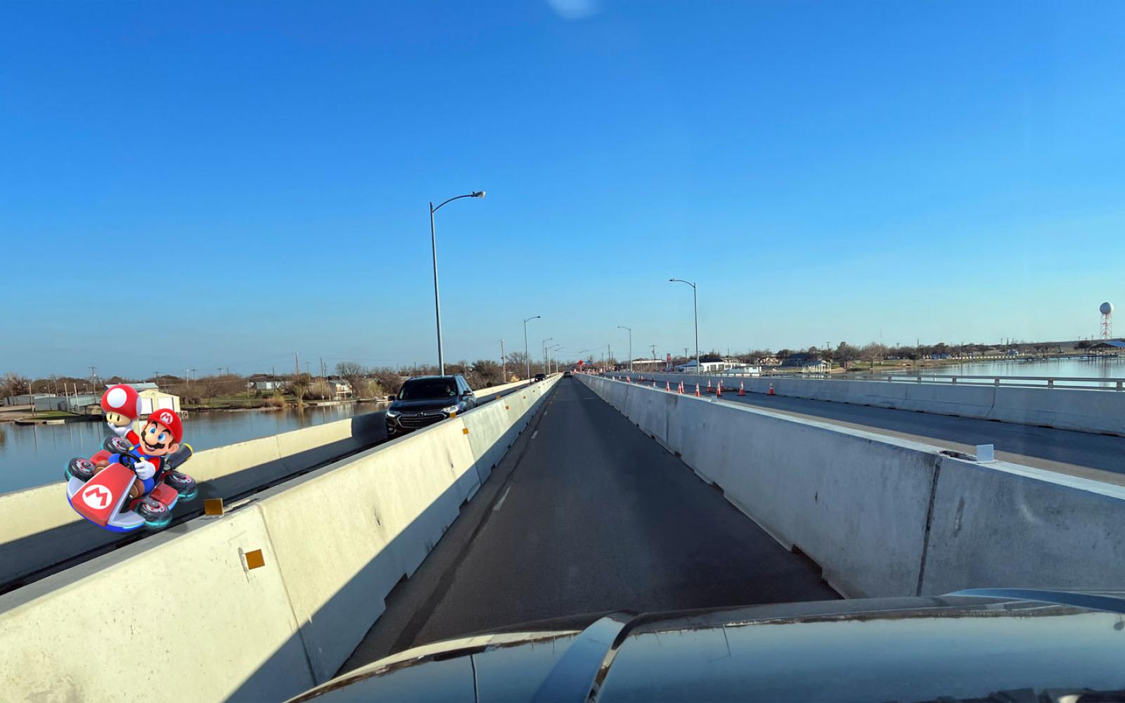 Crossing the Veterans Memorial Bridge with barricades on the left and right is akin to playing a game of Mario Kart