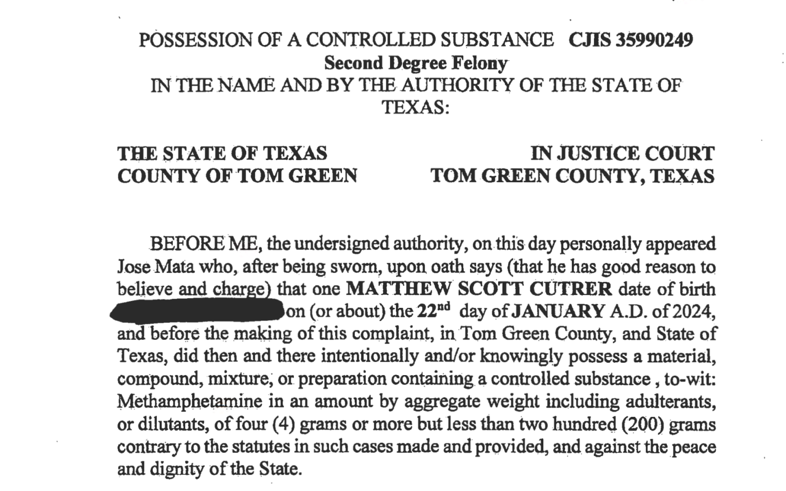 Affidavit Matt Cutrer 2nd Degree Felony (Courtesy District Court)