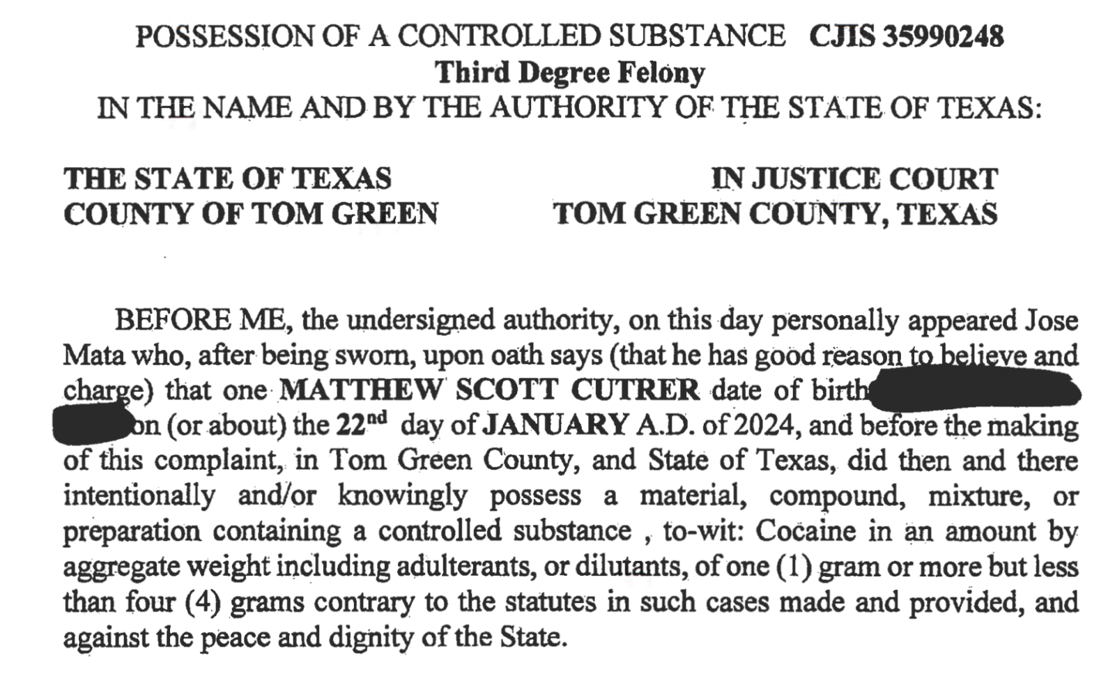Matt Cutrer 3rd Degree Felony (Courtesy District Court)