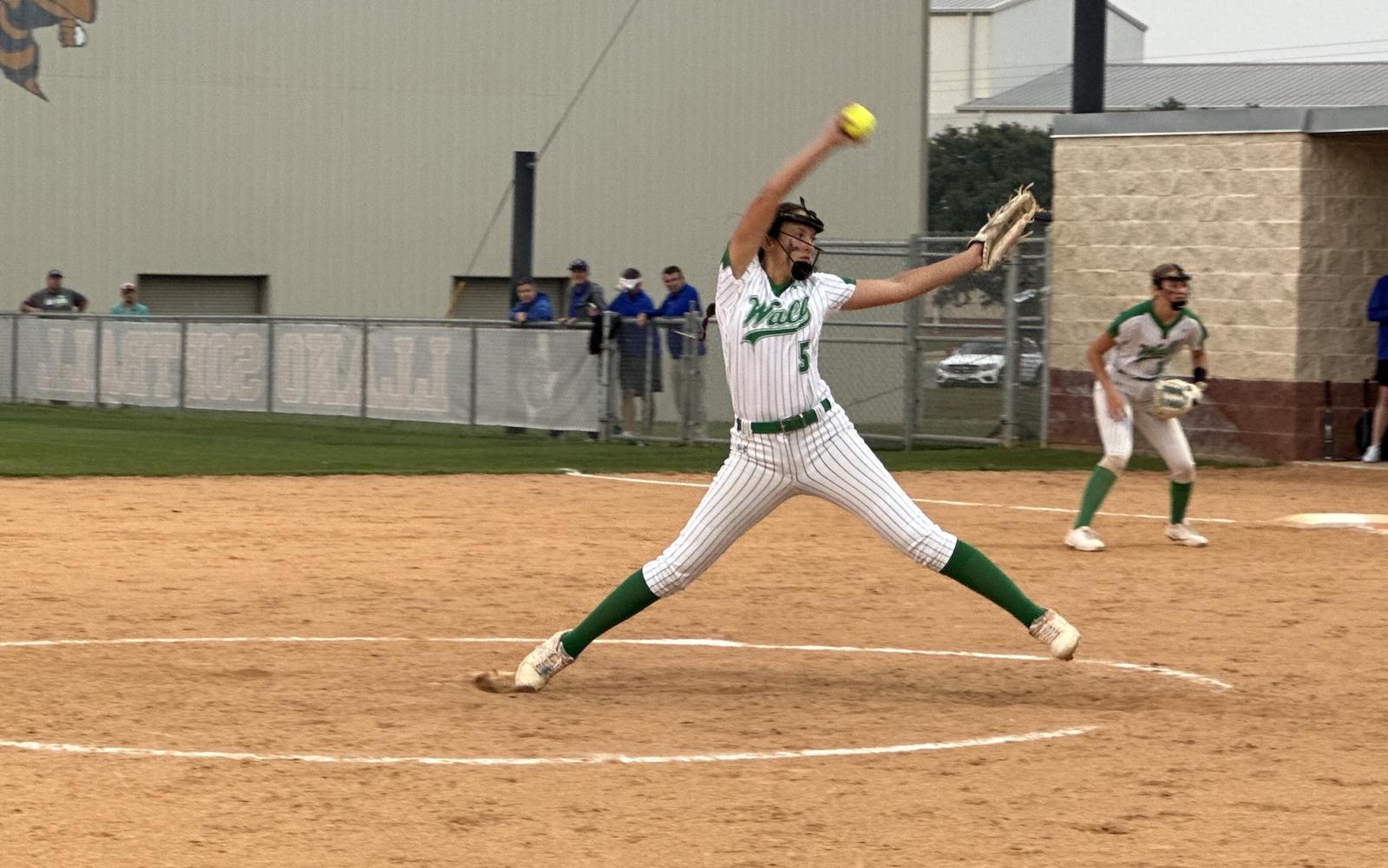 Wall Lady Hawks Jaiden Kleman on the mound against Blanco