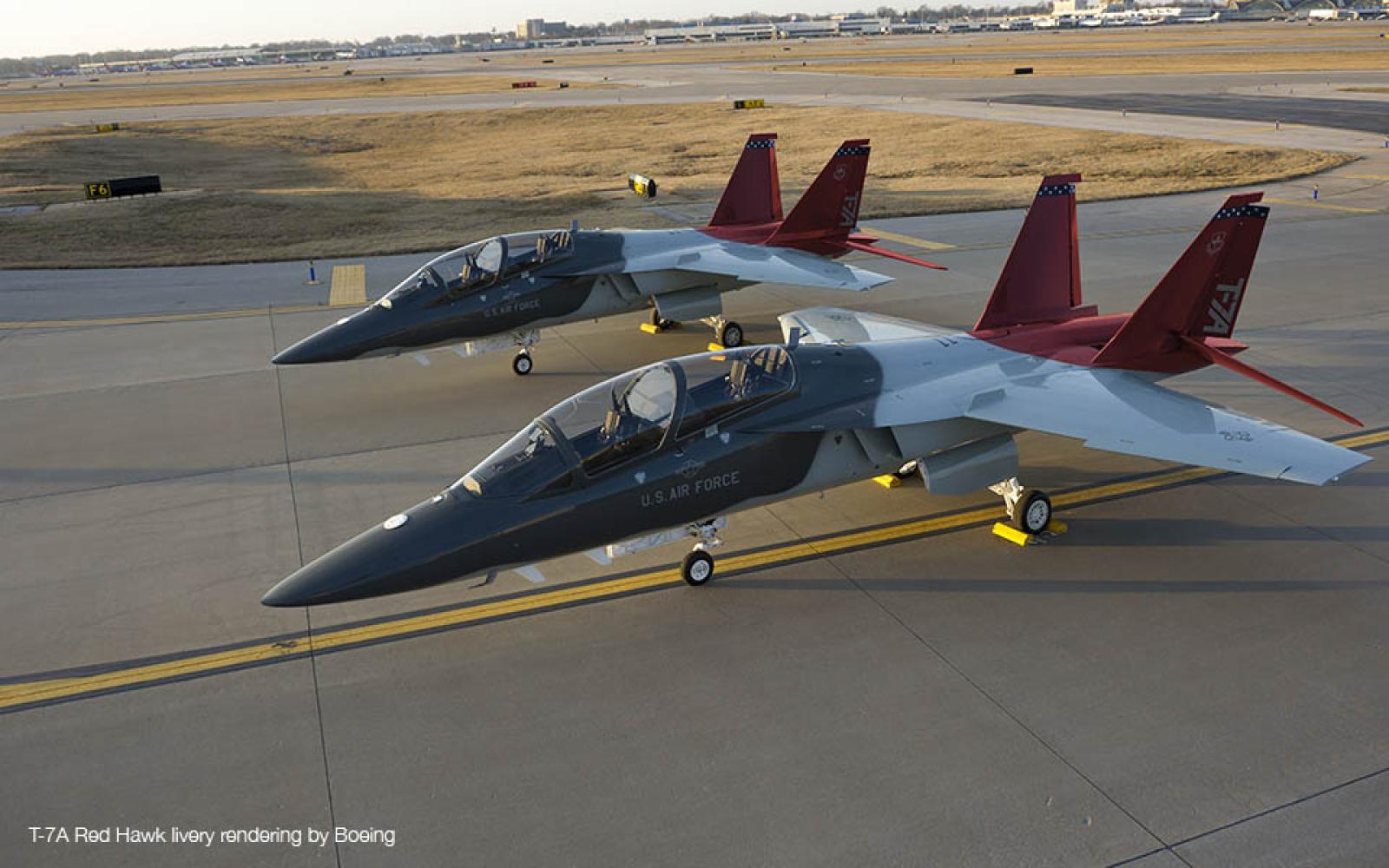 The T-7A Red Hawk in 2-ship takeoff position