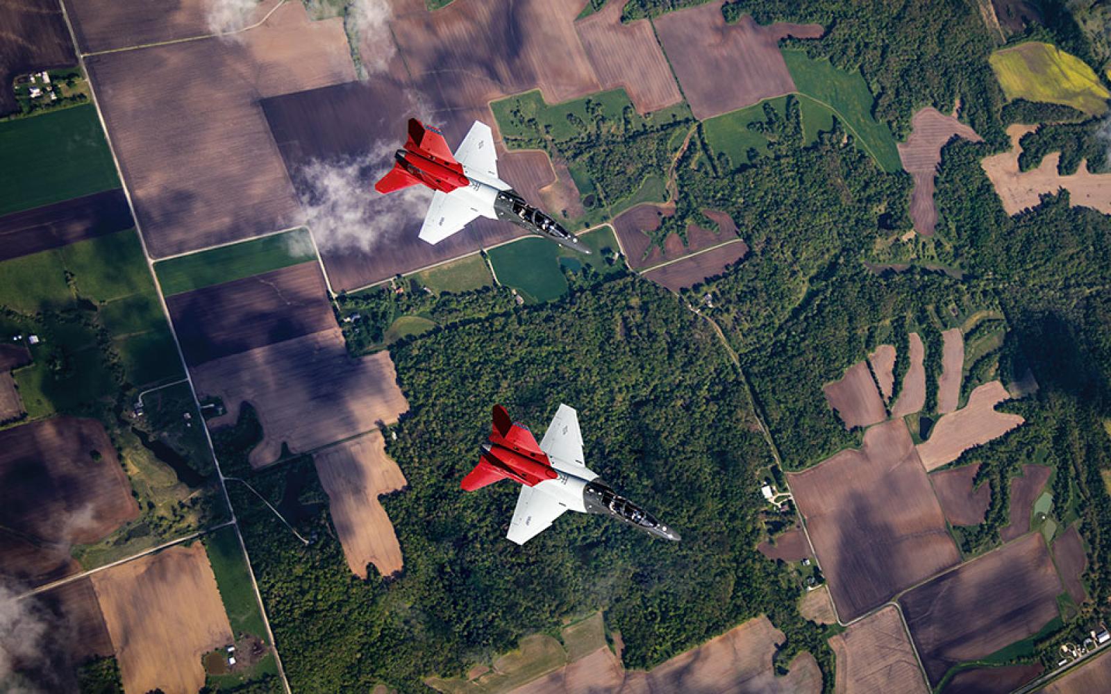 T-7A Red Hawks in 2-ship. low level formation