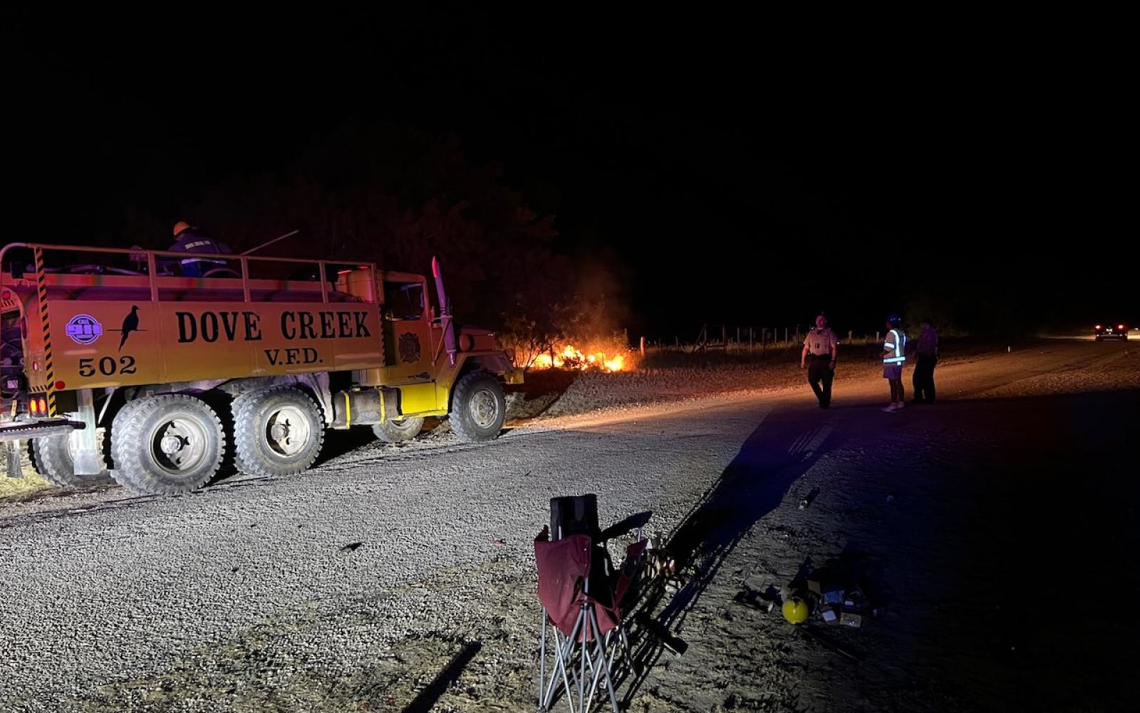 A Dove Creek VFD tanker truck was used last night for water to extinguih a small grass fire caused by firework in the field north of Foster Park.