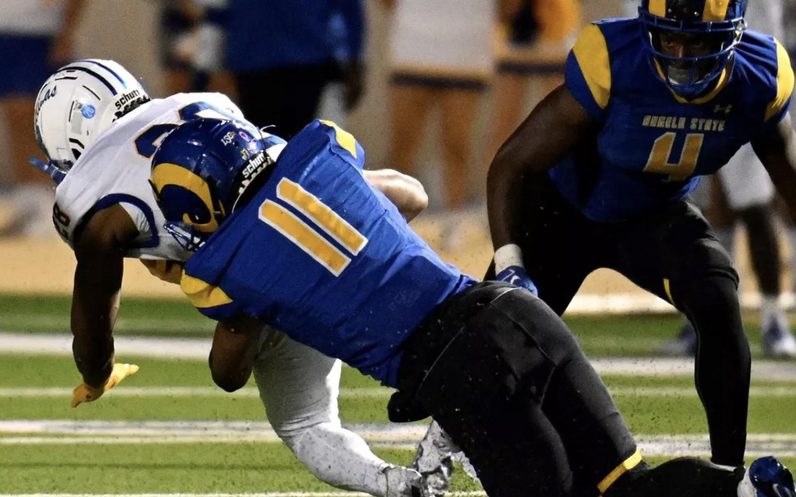 Angelo State linebacker Eric Rascoe makes a tackle during the 2023 season.