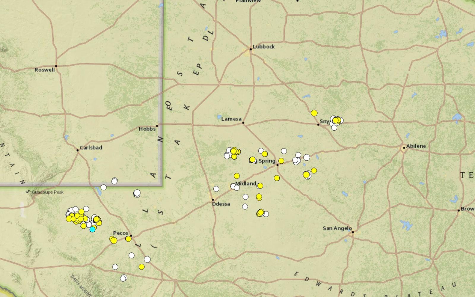 USGS map of seismic activity in West Texas between Aug. 2 and Aug. 22, 2024.