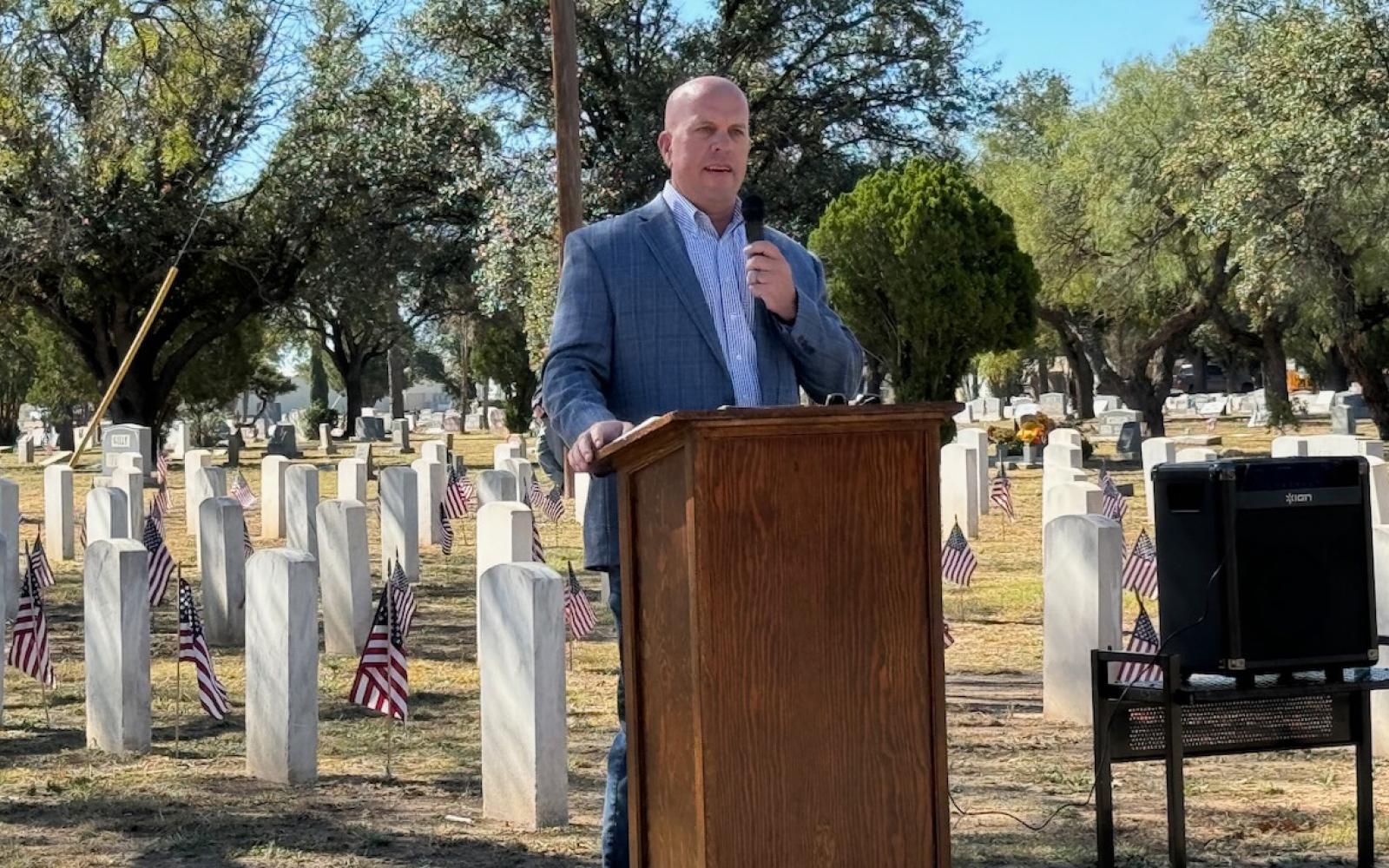 Will Griffis, a San Angelo attorney and Marine Corps veteran, who recounted his experience during the Battle of Nasiriyah in the 2003 Gulf War at the Nov. 11, 2024 Veterans Day Ceremony at Fairmount Cemetery.