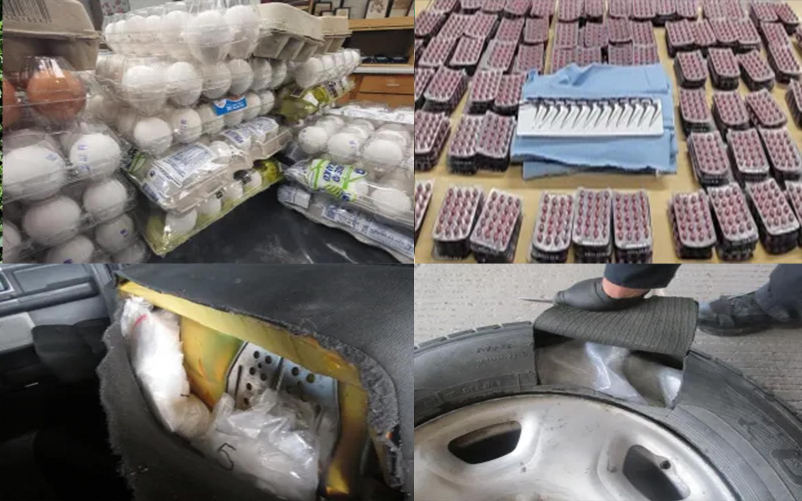 (Top Left) Eggs confiscated by CBP agriculture specialists. (Top Right) Rooster gaffs and animal steroids seized by CBP officers. (Bottom Left) Methamphetamine bundles in the vehicle seat. (Bottom Right) Methamphetamine bundles in the spare tire.
