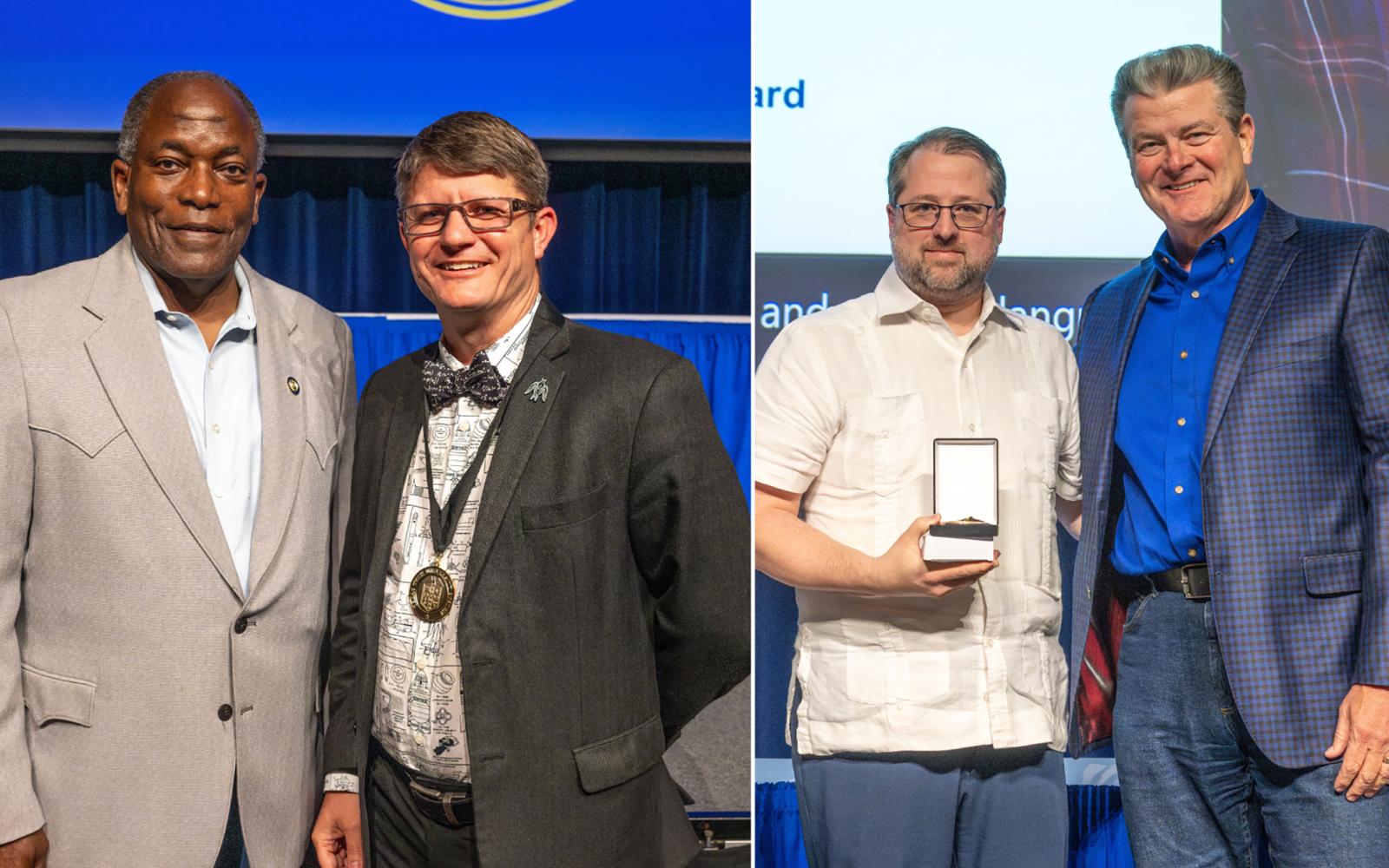 (Left) ASU President Ronnie Hawkins Jr. and Dr. Kenneth Carrell; (Right) Dr. David Faught and TTUS Chancellor Tedd Mitchell
