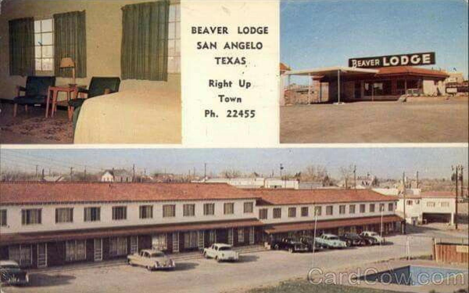 A circa 1950s postcard depicting the former Beaver Lodge Motel in San Angelo, Texas. The back of the postcard boasted the Beaver Lodge's 71 modern rooms with air conditioning. The old hotel became a "flop house" and was eventually torn down. The City of San Angelo acquired the 3.179 acres in 2010.