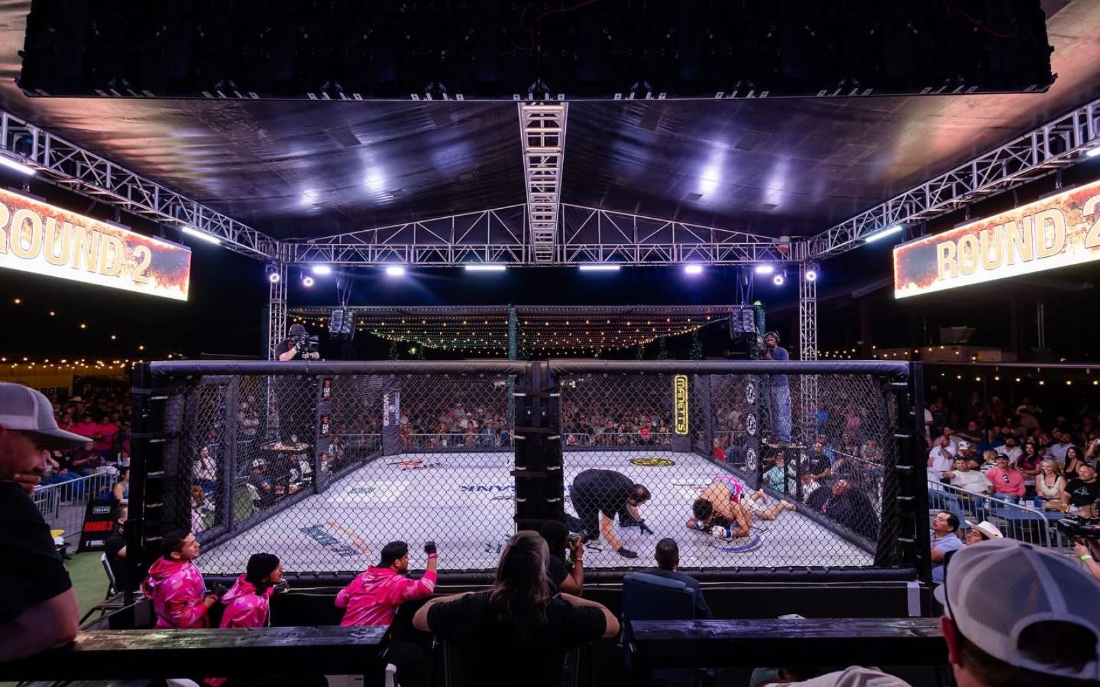 Caleb Arredondo secures a second-round submission victory in his MMA debut at The Tailgate Fight Night in Midland on Sept. 20, 2025. (Cory Hamilton Photography)