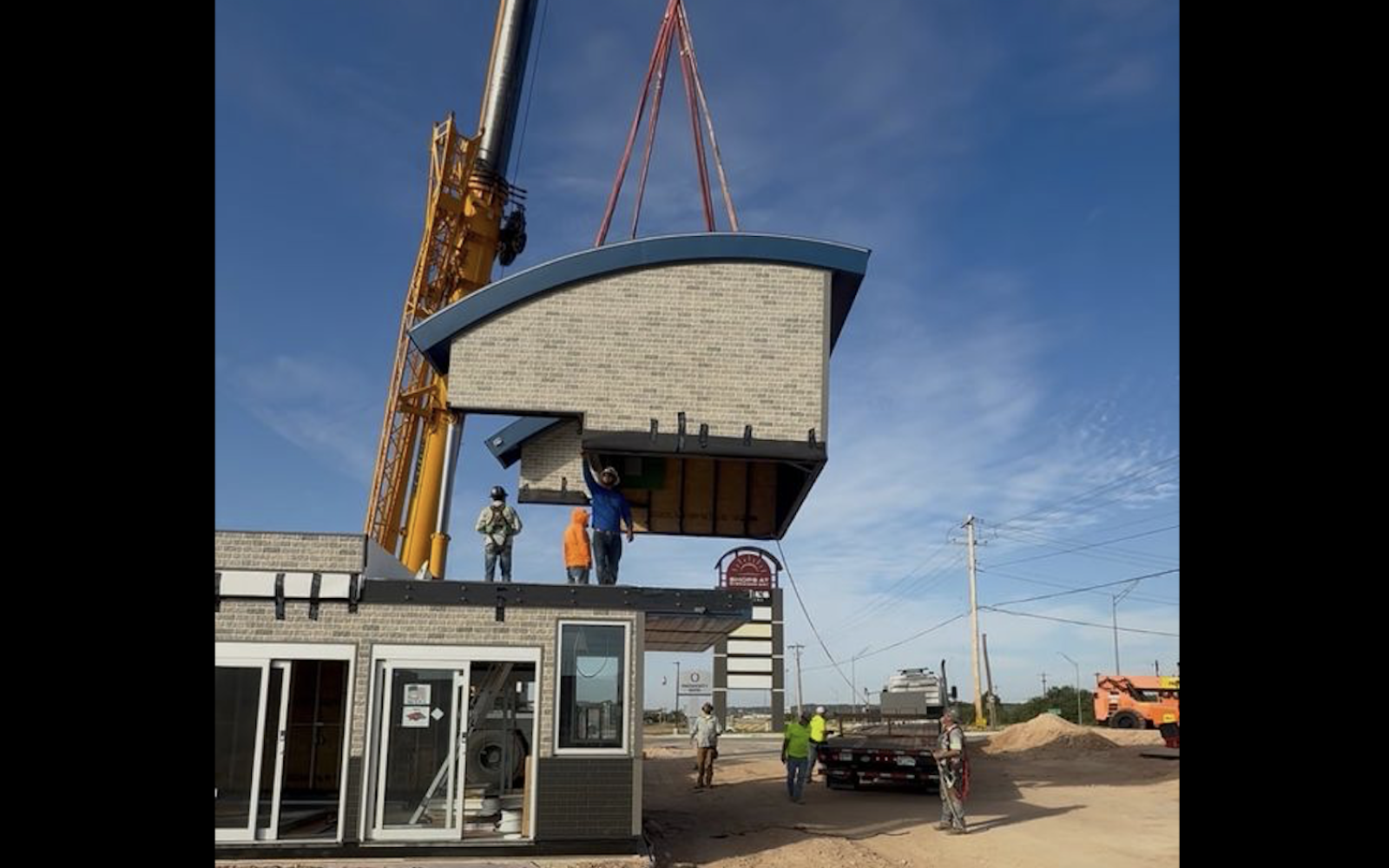 The newest 7 Brew in San Angelo is weeks away from opening after construction crews placed the drive-thru coffee stand on the ground Wednesday.