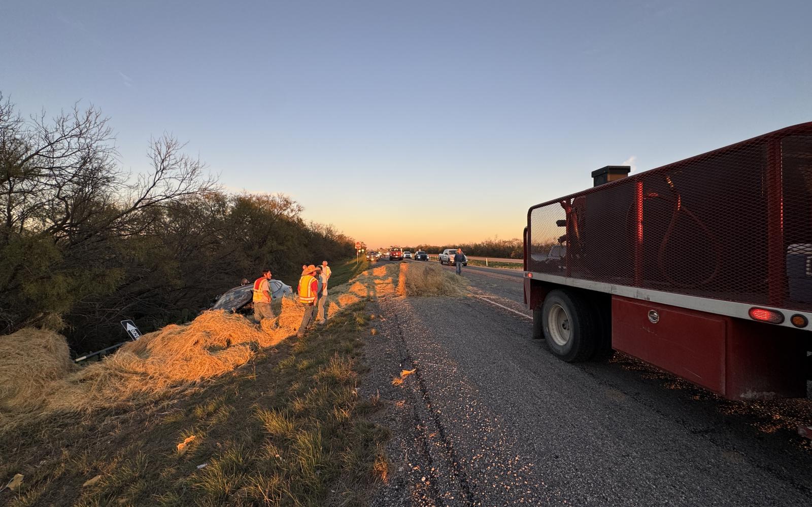 Hay bales that fell from a farmer’s truck caused a crash on US Highway 67 outside the small town of Miles on Friday evening.