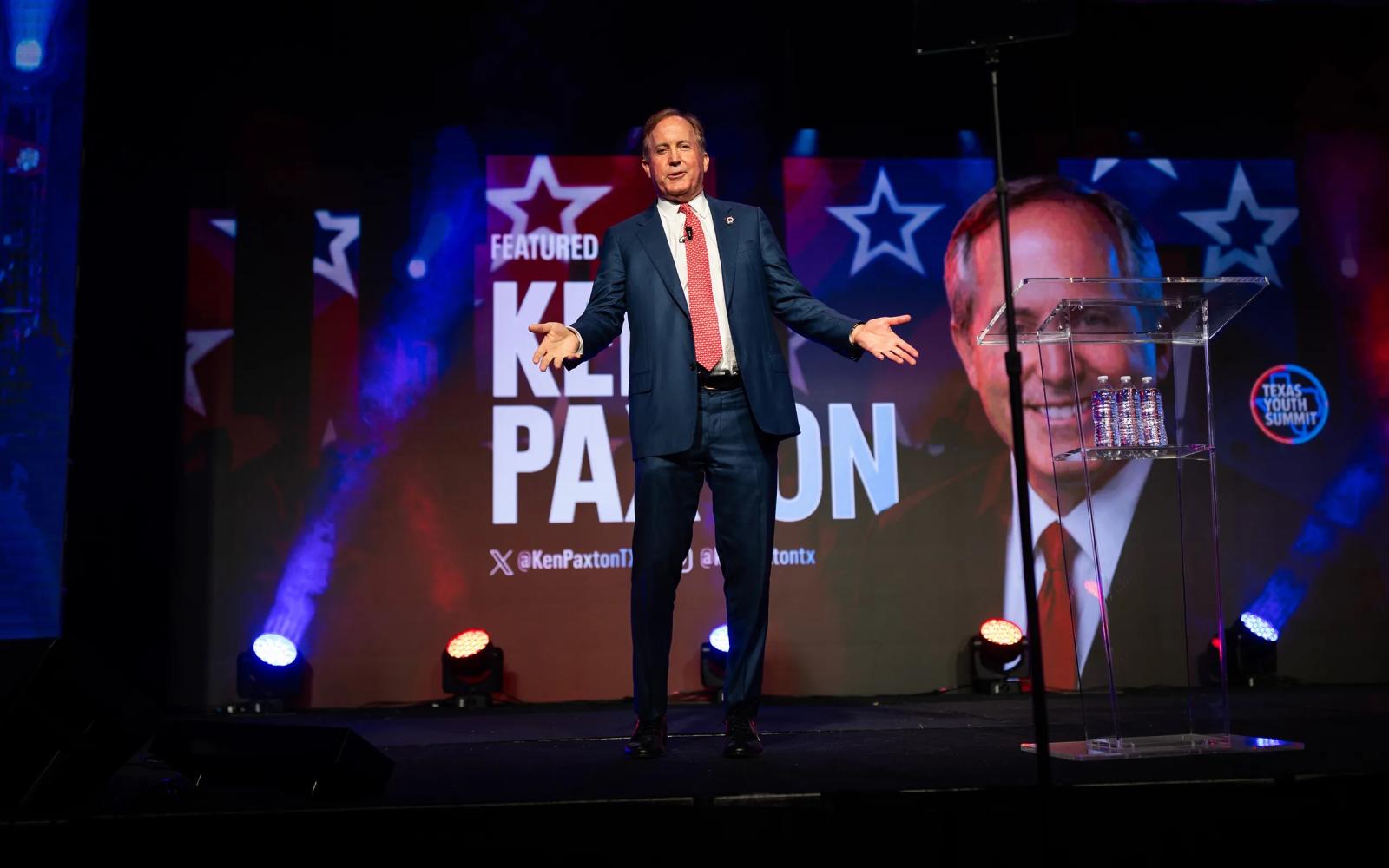 Attorney General Ken Paxton, the Republican nominee for U.S. Senate, enters the stage at the Texas Youth Summit in The Woodlands on Oct. 9, 2026. Antranik Tavitian for The Texas Tribune