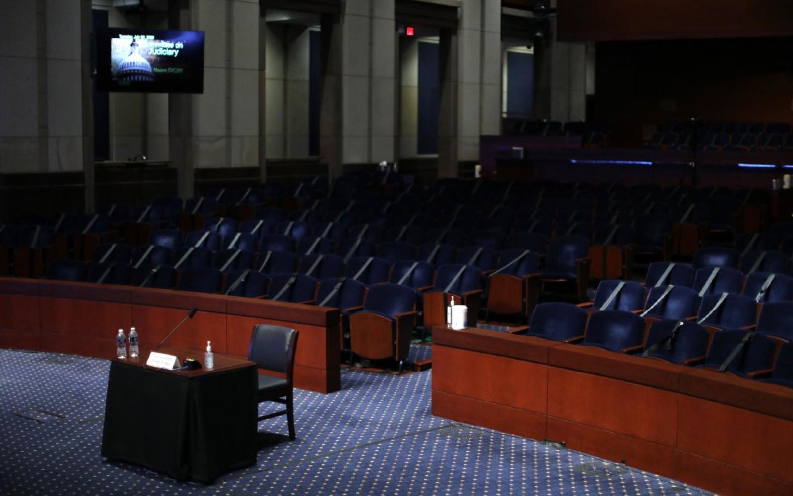 The witness table for a hearing by the House Judiciary Committee in the Congressional Auditorium at the U.S. Capitol Visitors Center July 28, 2020 in Washington, DC. (Photo by Chip Somodevilla / POOL / AFP via Getty Images)