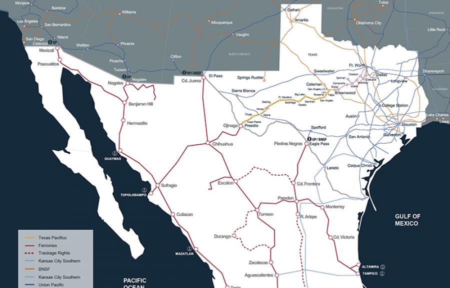 A map of the rail line that traverses from Coleman to San Angelo to the Mexico border at Presidio with connections on either end to the US or Mexico markets.