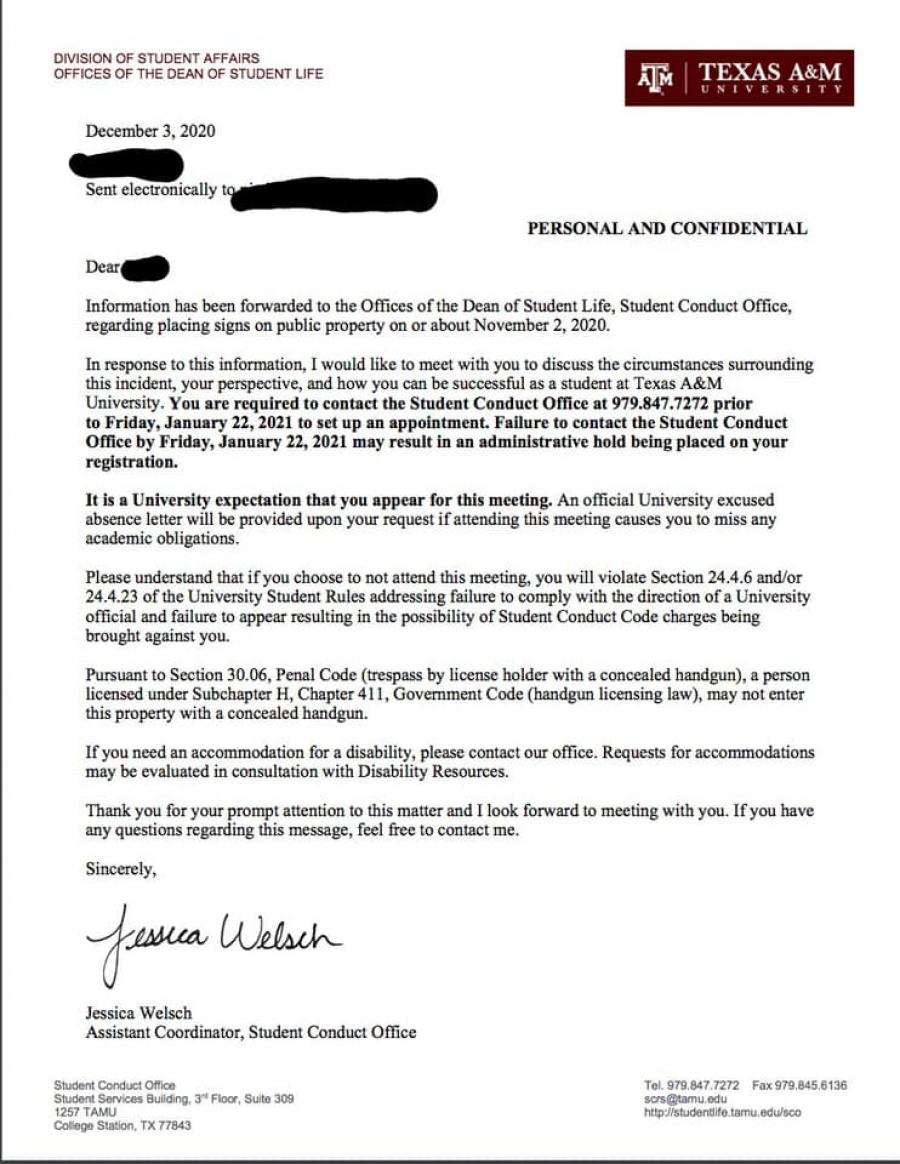 The letter from A&amp;M's Student Conduct Office threatening disciplinary action against Trump campaign worker